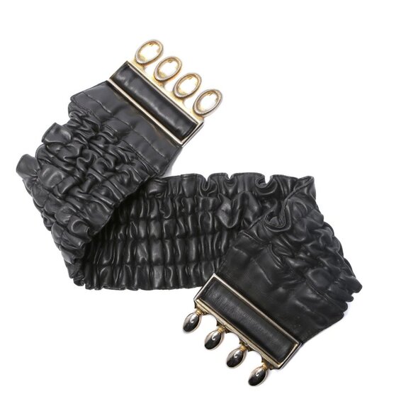 Vegan Faux Leather Wide Cinch Belt Ruffled Black Stretch Waist Band Gold Buckle - Picture 6 of 11